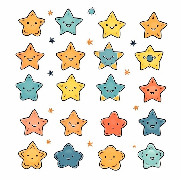 Foto un grupo de galletas en forma de estrella con diferentes caras y estrellas ai generativa