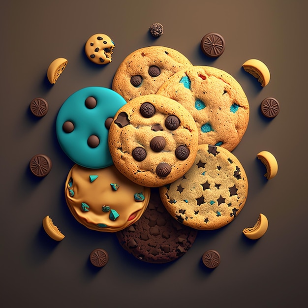 Un grupo de galletas con glaseado azul y chispas de chocolate encima.