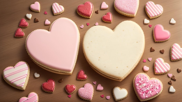 Un grupo de galletas de san valentín con corazones rosas y blancos en una mesa marrón.