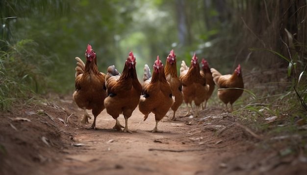 Un grupo de gallinas camina por un camino de tierra.