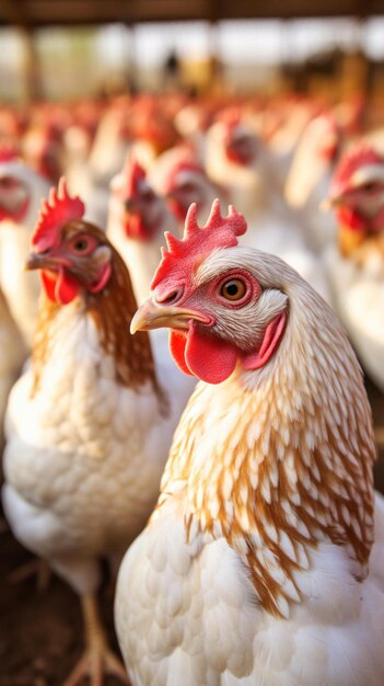 un grupo de gallinas paradas una al lado de la otra