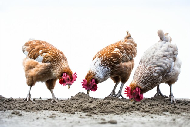 Foto un grupo de gallinas paradas encima de un campo de tierra