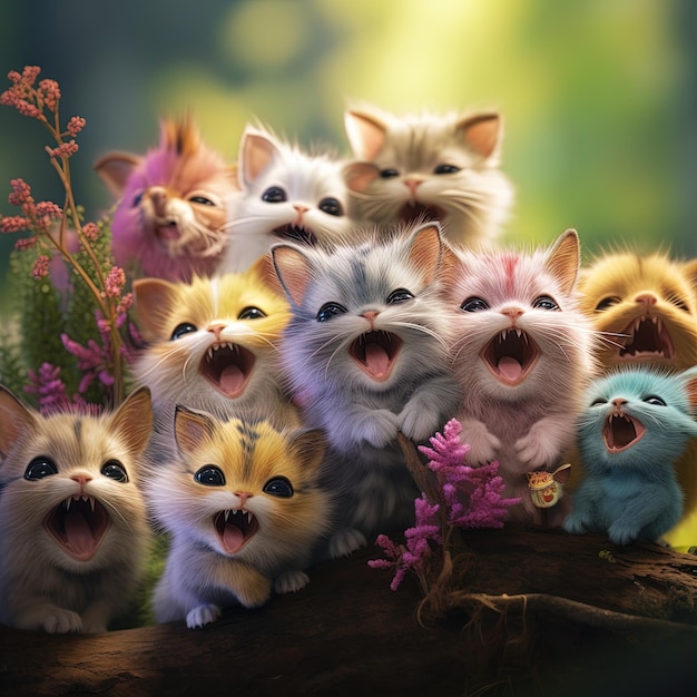 un grupo de gatitos están en un árbol con la boca abierta