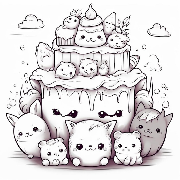 Foto grupo de gatitos gordos y lindos página de dibujo en blanco y negro para niños generada por ia.