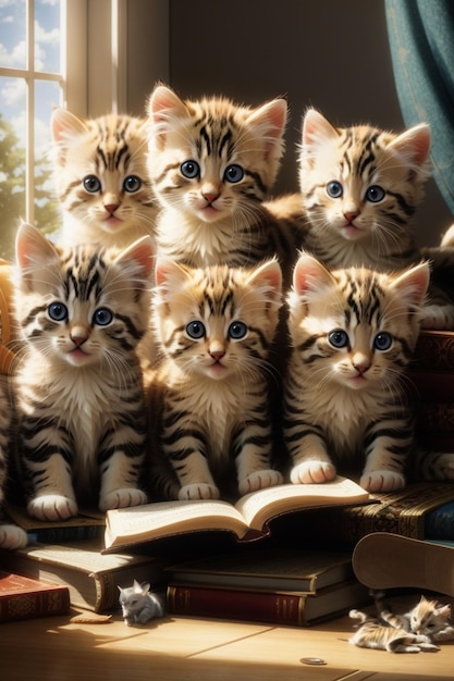 Un grupo de gatitos leyendo