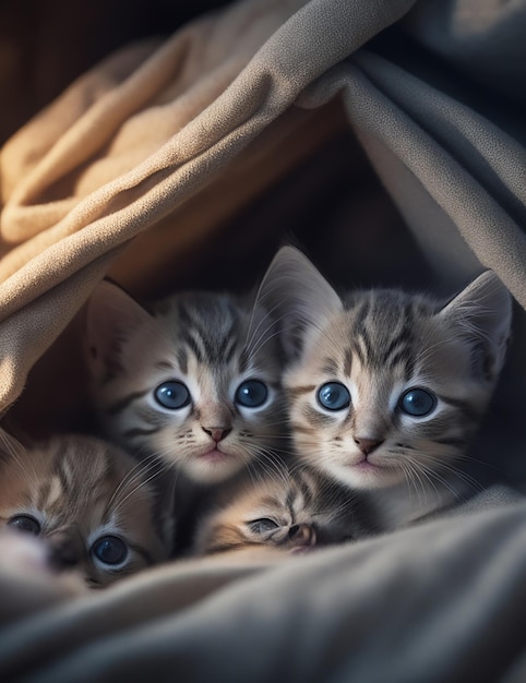 un grupo de gatitos sentados debajo de una manta