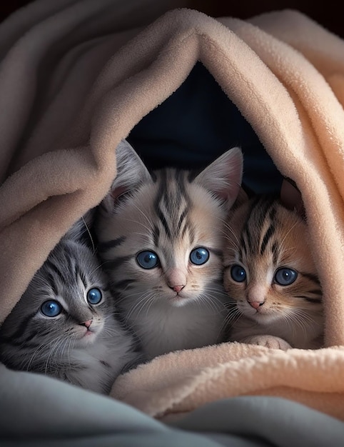 un grupo de gatitos sentados debajo de una manta