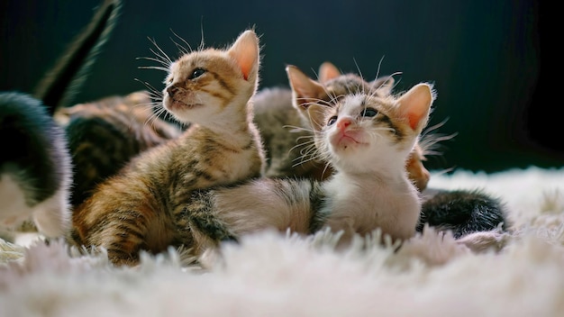 Foto un grupo de gatitos yacen sobre una alfombra blanca.