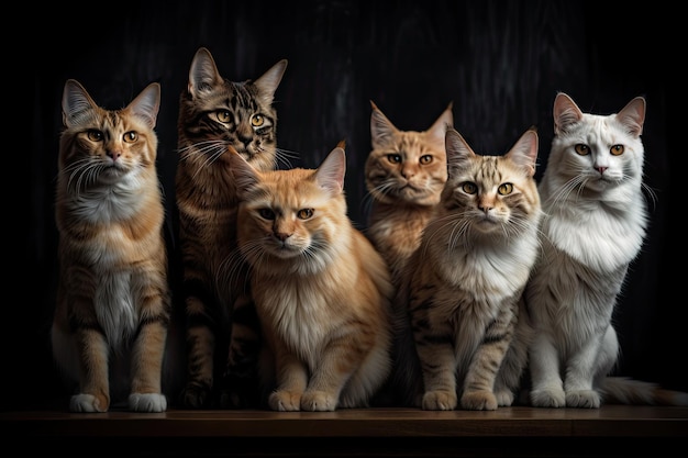 Grupo de gatos, cada uno con personalidades diferentes y looks únicos creados con IA generativa.