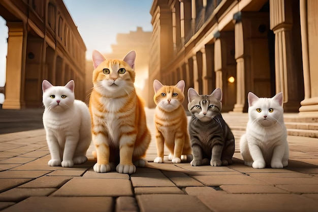 Un grupo de gatos en una calle con el sol a sus espaldas.