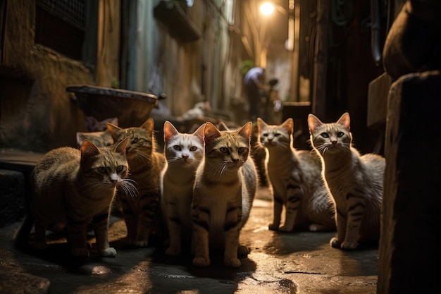 Grupo de gatos callejeros en las calles en la noche de luna llena ilustración generativa ai