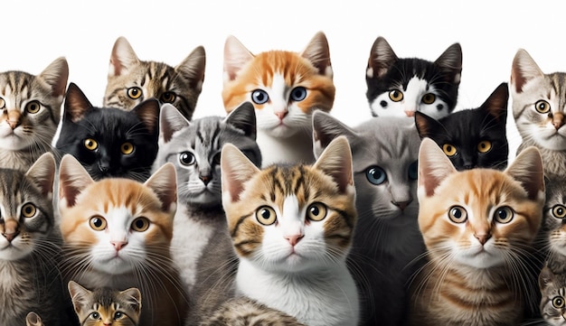 Un grupo de gatos con diferentes colores en la cabeza.