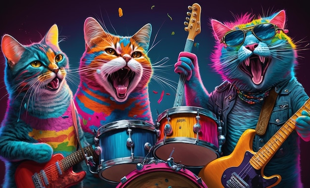 Grupo de gatos con guitarras y tambores IA generativa