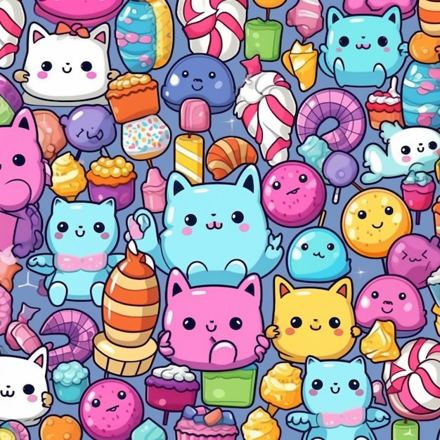 Un grupo de gatos y helados con diferentes colores ai generativo.