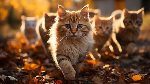 Foto un grupo de gatos lindos corriendo hacia las hojas de otoño caída de hojas día soleado en el parque