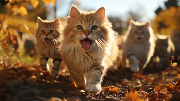 un grupo de gatos lindos corriendo hacia las hojas de otoño caída de hojas día soleado en el parque