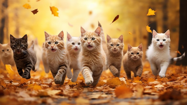 un grupo de gatos lindos corriendo hacia las hojas de otoño caída de hojas día soleado en el parque