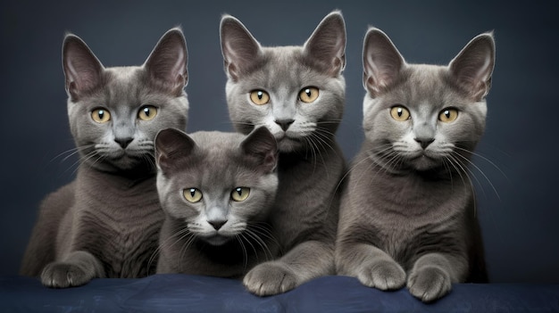 Grupo de gatos de raza azul ruso de cerca