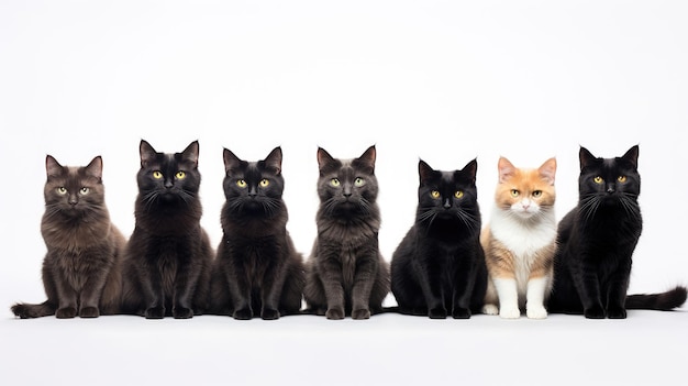Grupo de gatos sentados de diferentes razas sobre un fondo blanco