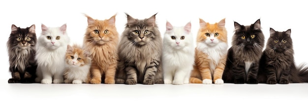 Grupo de gatos sentados de diferentes razas sobre un fondo blanco