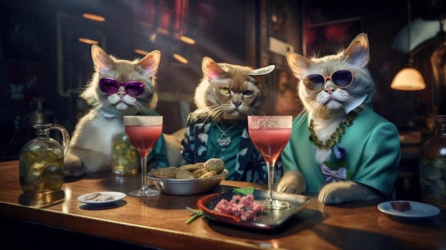 Un grupo de gatos sentados en una mesa con bebidas y uno con una camiseta verde que dice 'gato'