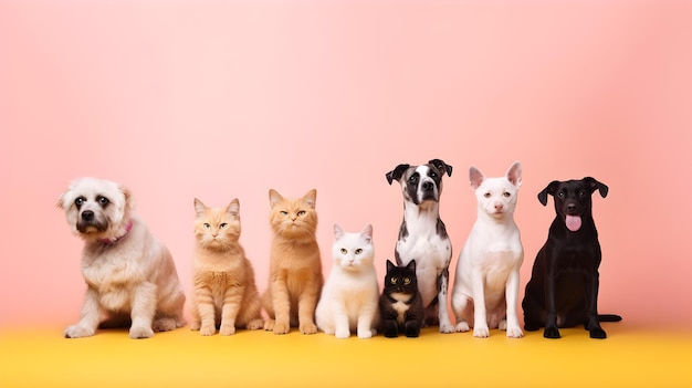 Un grupo de gatos se sienta sobre un fondo amarillo.