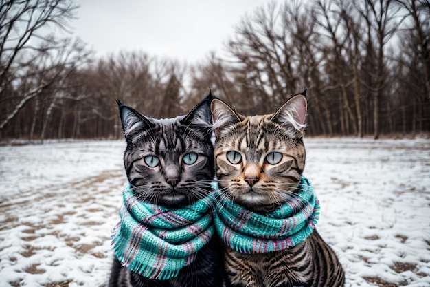 Un grupo de gatos se toman una selfie con fondo de invierno