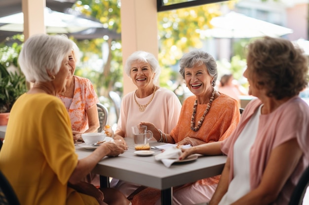 Grupo generativo de IA de amigas mayores que disfrutan de una cita para almorzar