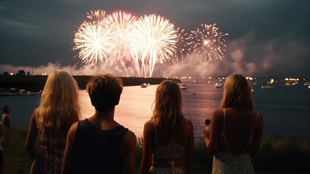 Grupo generativo de personas que celebran el 4 de julio con fuegos artificiales y banderas.