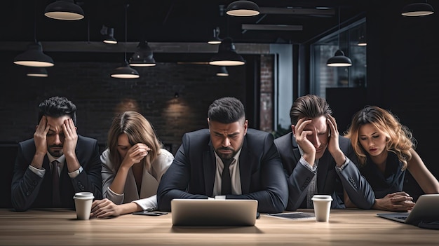 Grupo de gente de negocios agotados por el trabajo duro y el exceso de trabajo por lo que se quedan dormidos en la mesa mientras su jefe se encoge de hombros para hacer no sé gesto durante la reunión en la sala de conferencias