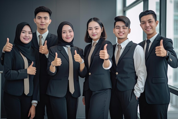 Grupo de gente de negocios feliz que muestra los pulgares para arriba en la oficina IA generativa asiática
