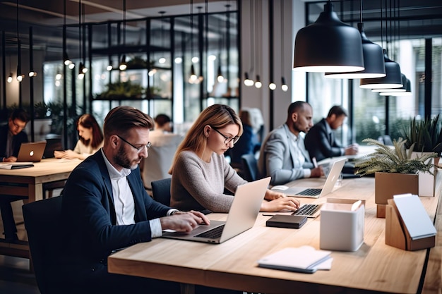 Grupo de gente de negocios trabajando juntos en una oficina moderna Hombres de negocios y mujeres de negocios usando una computadora portátil y una tableta mientras están sentados en la mesa Generada por IA