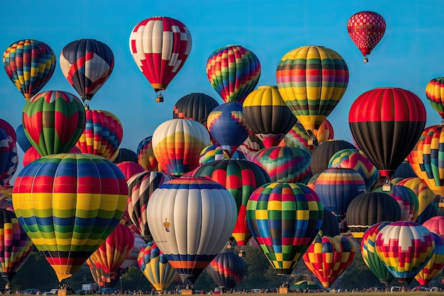 Un grupo de globos de aire caliente en el cielo