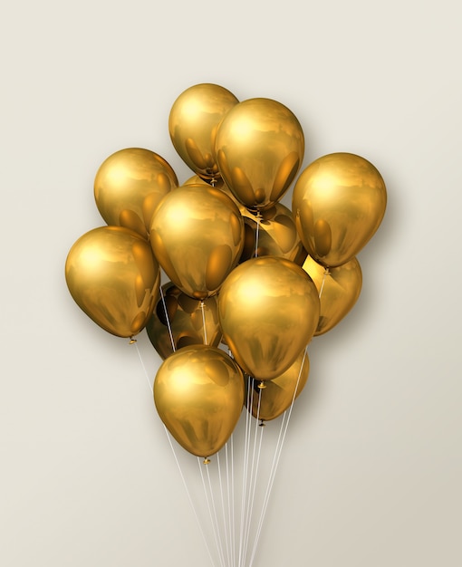 Grupo de globos de aire dorado sobre un fondo de pared beige. Ilustración 3D render