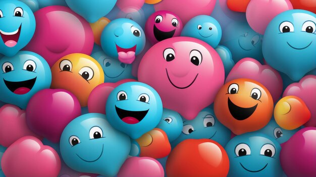 un grupo de globos de colores con caras sonrientes