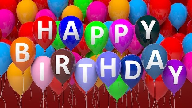 Grupo de globos de colores con texto de feliz cumpleaños