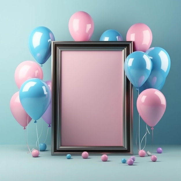 Un grupo de globos y un marco con un fondo rosa y azul.