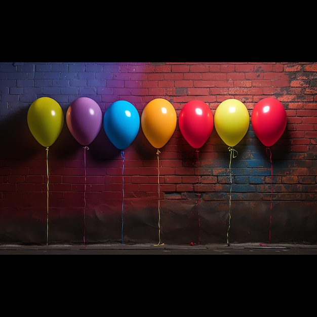 un grupo de globos en una pared de ladrillo