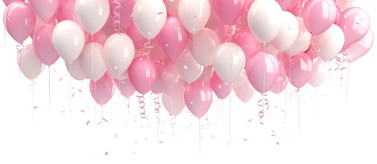 Foto un grupo de globos rosados y blancos con cintas rosadas contra un fondo blanco