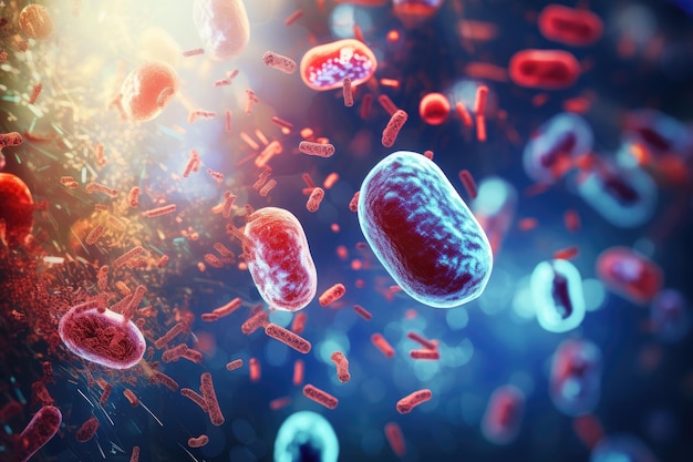 Grupo de glóbulos rojos y blancos en el cuerpo humano Sistema circulatorio Probióticos bacterias biología ciencia medicina microscópica digestión estómago escherichia coli tratamiento atención médica IA Generado