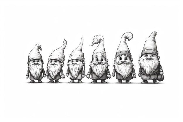 Foto un grupo de gnomos con sombreros y barbas de pie en una línea generativa ai