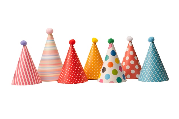 Un grupo de gorras de cumpleaños brillantes y coloridas aisladas en un fondo blanco