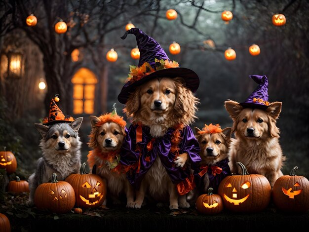 Un grupo gracioso de Golden Retrievers celebrando en una fiesta de Halloween