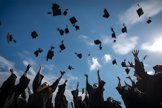 Un grupo de graduados inclina sus gorras de graduación hacia arriba IA generativa 1