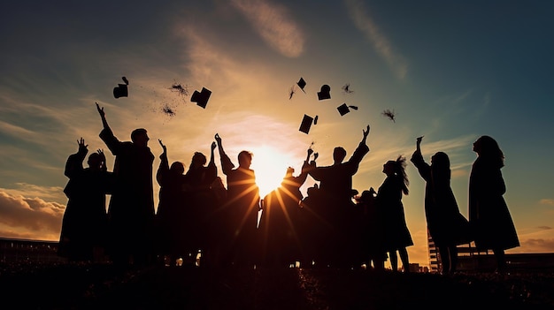 Un grupo de graduados lanzando sus gorras al aire al atardecer