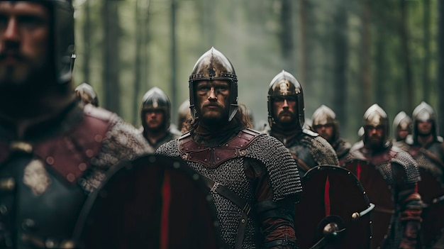 Un grupo de guerreros con armaduras en el bosque esperando la batalla.