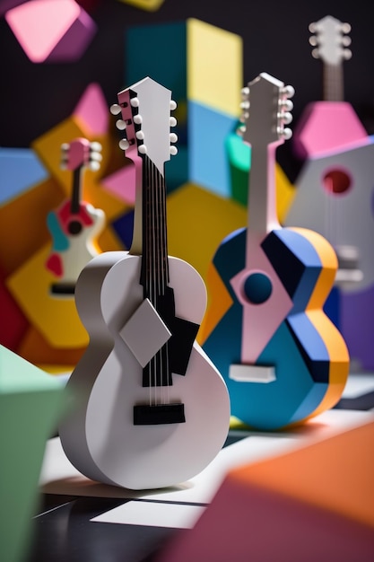 Un grupo de guitarras recortadas de papel están sobre una mesa.