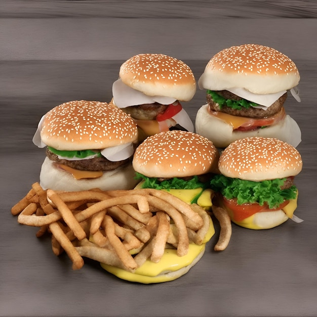 Un grupo de hamburguesas está junto a unas papas fritas.