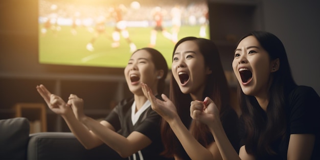 Grupo de hermosas amigas asiáticas sentadas en un sofá viendo la competencia de partidos de fútbol en la televisión juntas Felices fans del fútbol animando la victoria