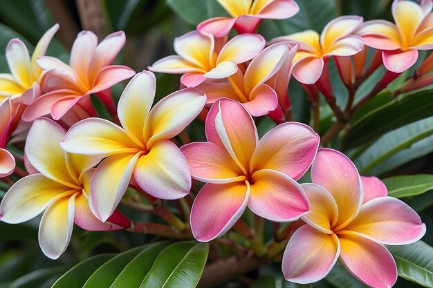 Un grupo de hermosas flores de frangipani en el jardín